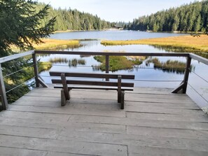 Eine Holzbank auf einer Terrasse mit Blick auf einen See und eine bewaldete Uferlinie.