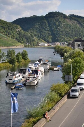 A riverside view with boats docked along the shore, a flag, and a road with a pedestrian. - Burgblick by Interhome (Löf)