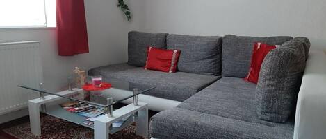 Een moderne woonkamer met een grijze bank, rode kussens, een glazen salontafel en een tapijt met een rood-wit patroon.