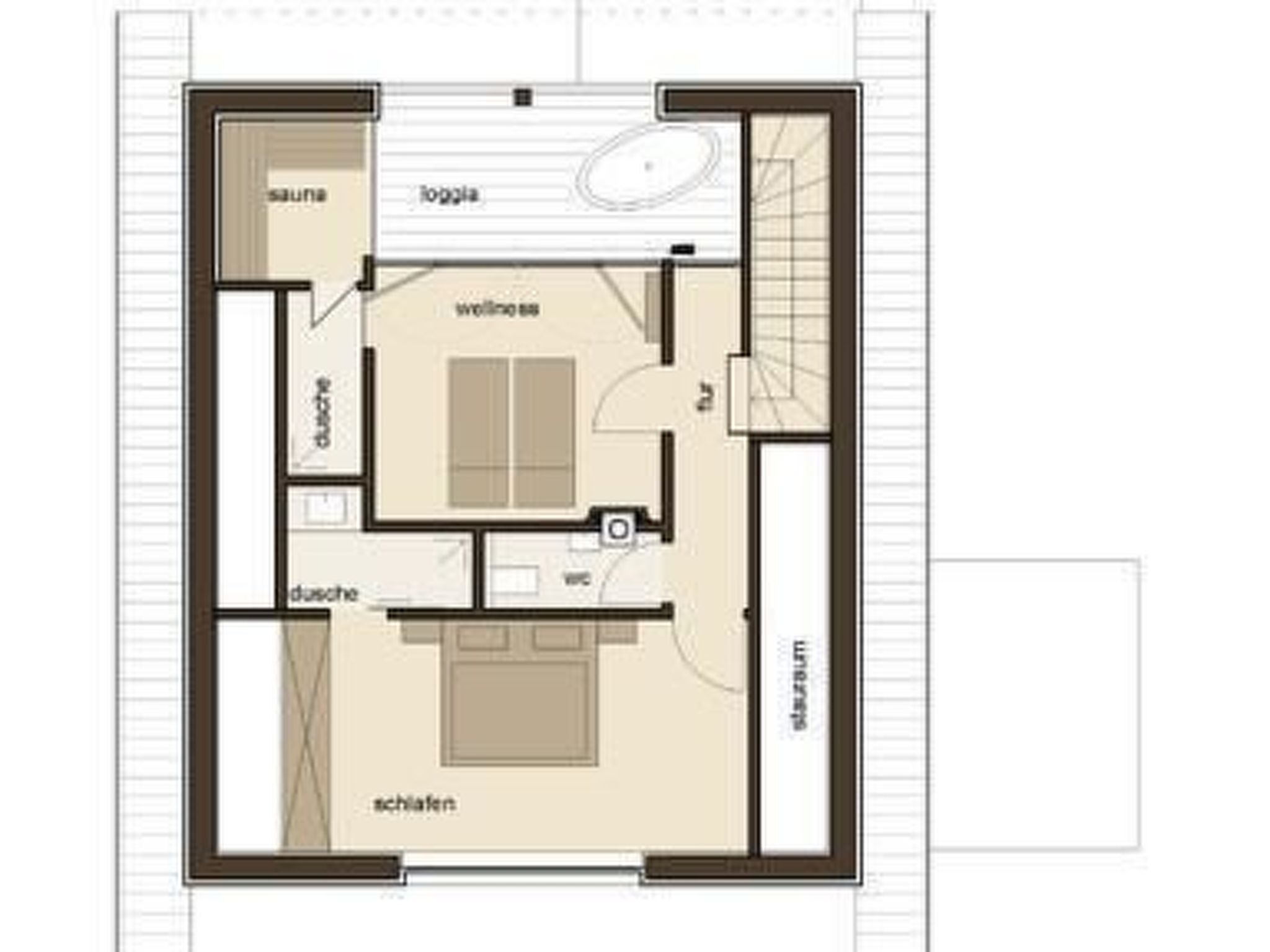 En plantegning af et hotelværelse med badeværelse, opholdsstue, spiseområde og soveværelse.