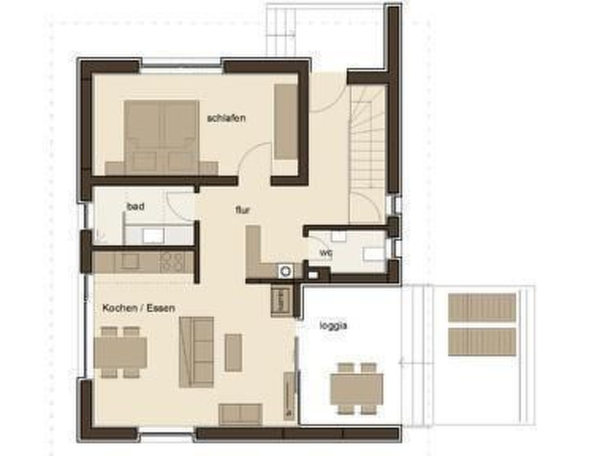 Un plan d’étage d’une chambre d’hôtel comprenant un lit, une salle de bain privative, une kitchenette et un petit coin salon.