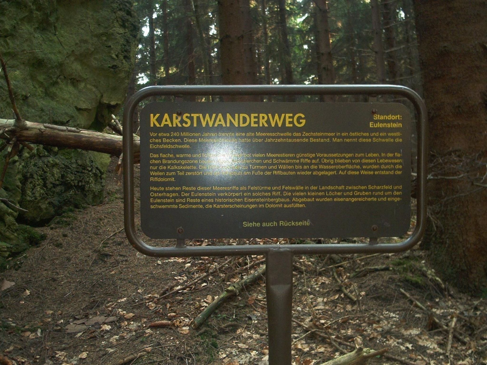 Een bord in een bebost gebied met Duitse tekst, dat een wandelpad genaamd 'Karstwanderweg' aangeeft en 'Eulenstein' vermeldt als station.