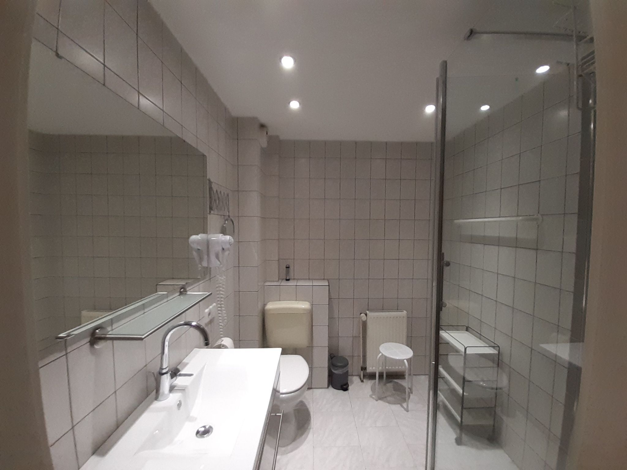 Een moderne badkamer met een douchecabine van glas, een witte wastafel met spiegel en een toilet.