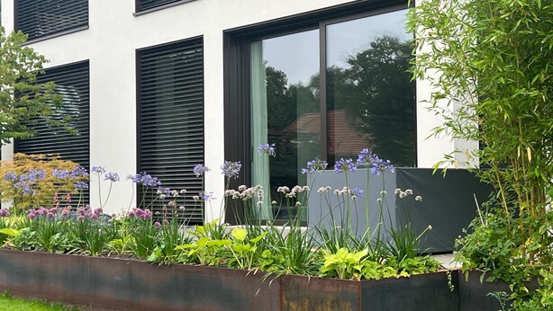 A modern building with large windows and a metal planter with various plants. - Modernes Einfamilienhaus by Interhome (Fahrland)