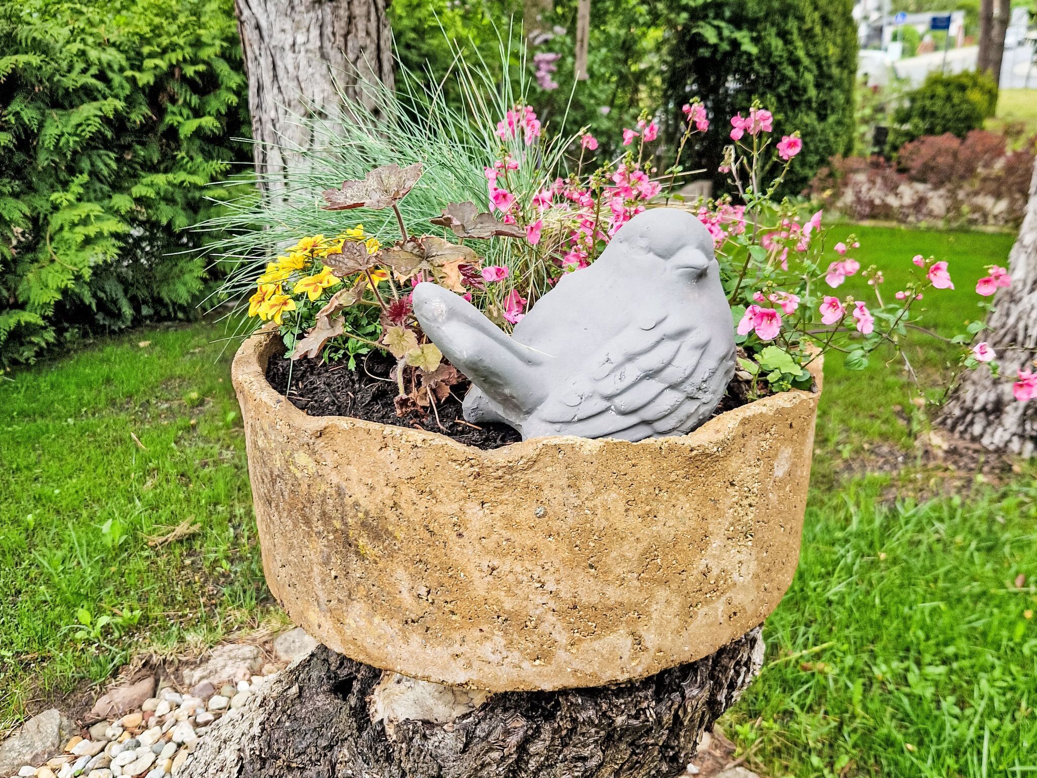 Lintumainen kukkaruukku, jossa on kukkia ja jonka pohja on tehty puunrungosta.