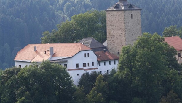 Ein historisches Gebäude mit einem markanten Turm, umgeben von üppiger Vegetation und einem bewaldeten Hang.