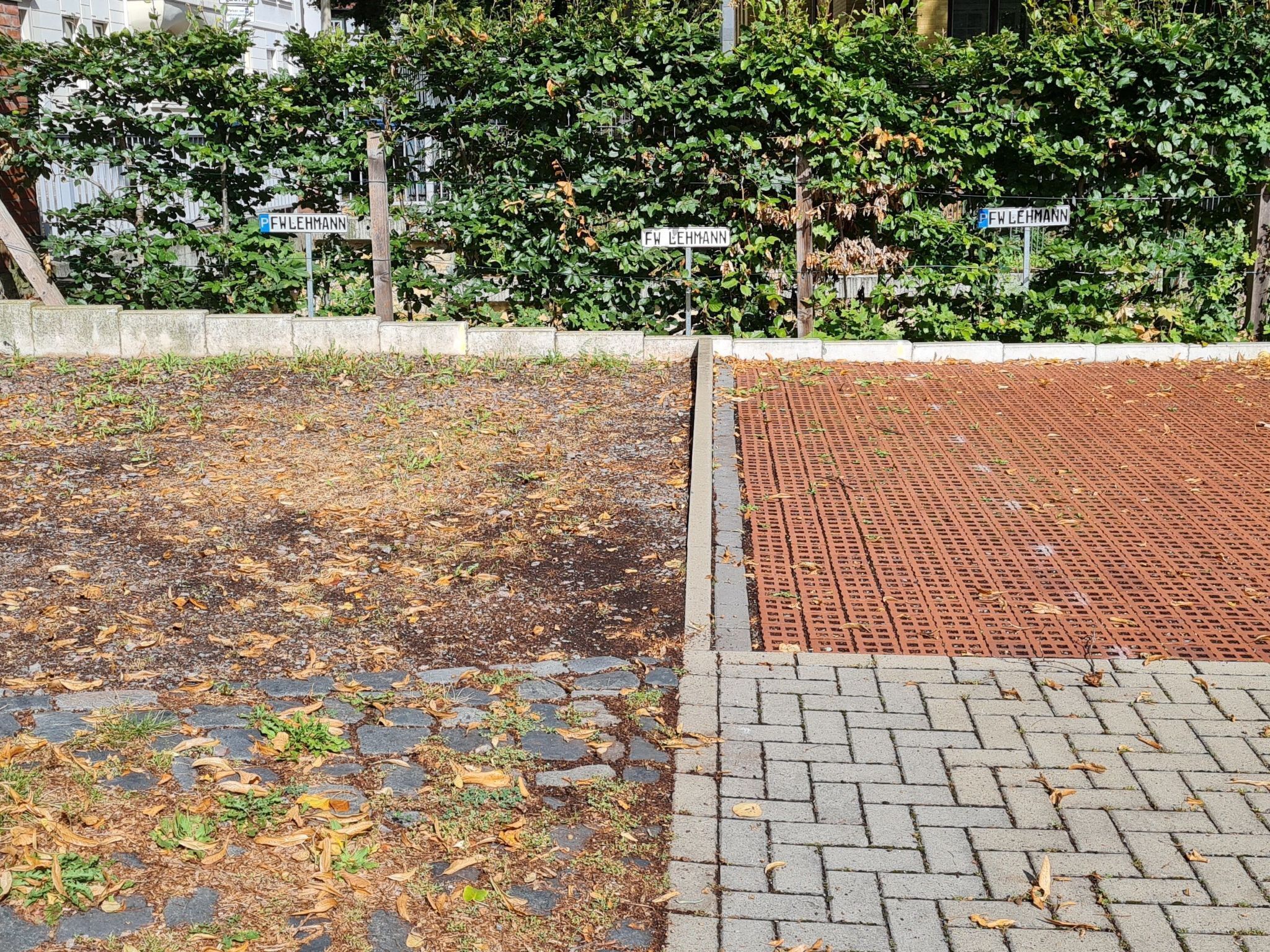 A paved area with a metal grate and a brick pathway.