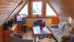 Une pièce mansardée accueillante, équipée d’une télévision, d’un canapé, d’un fauteuil et d’une petite table agrémentée de fleurs.