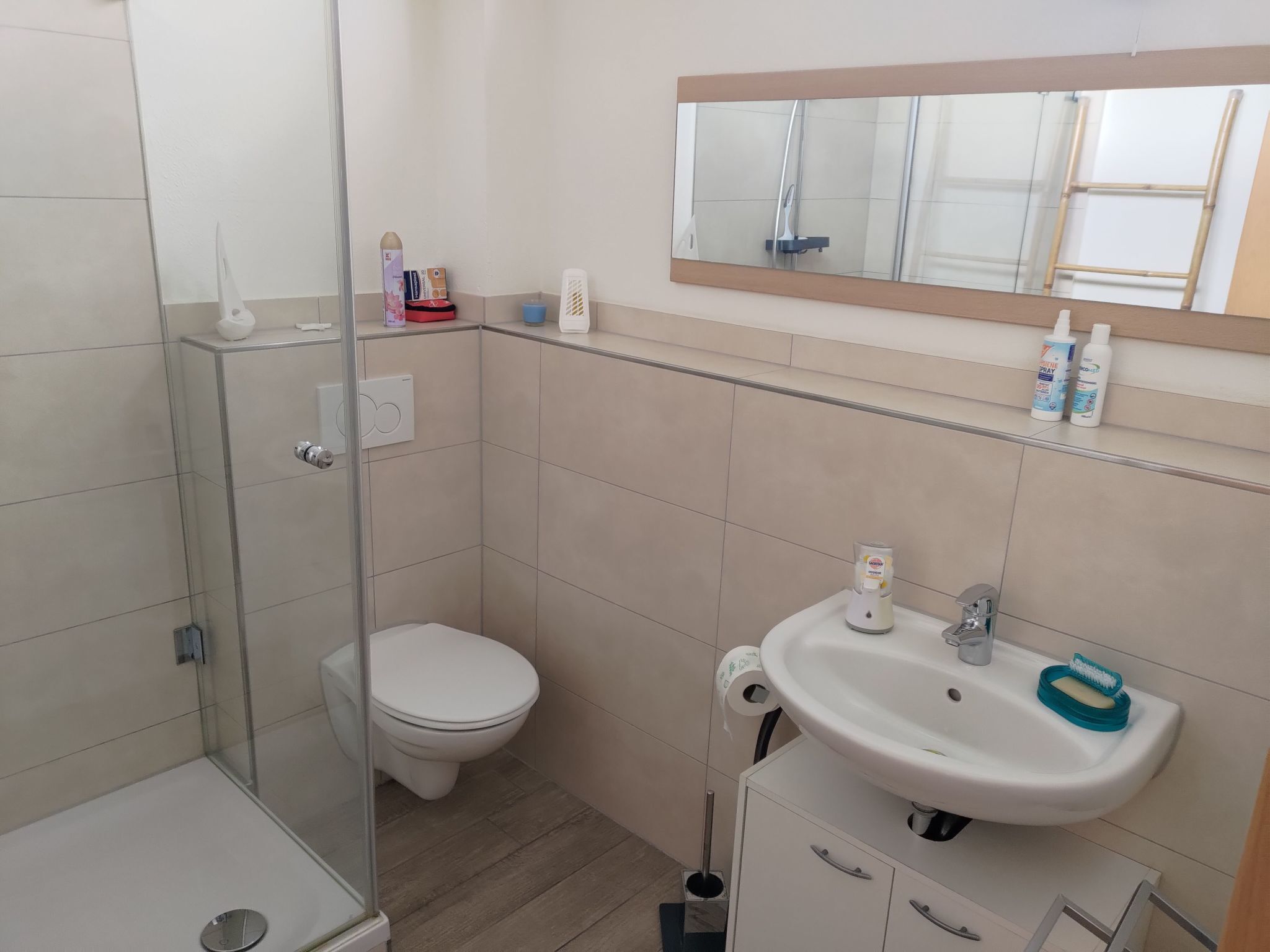 A compact bathroom with a glass shower enclosure, a white toilet, a sink with a soap dish, and a mirror above the sink.