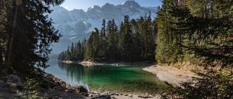 A mountainous landscape with a clear lake, dense forest, and rocky terrain.