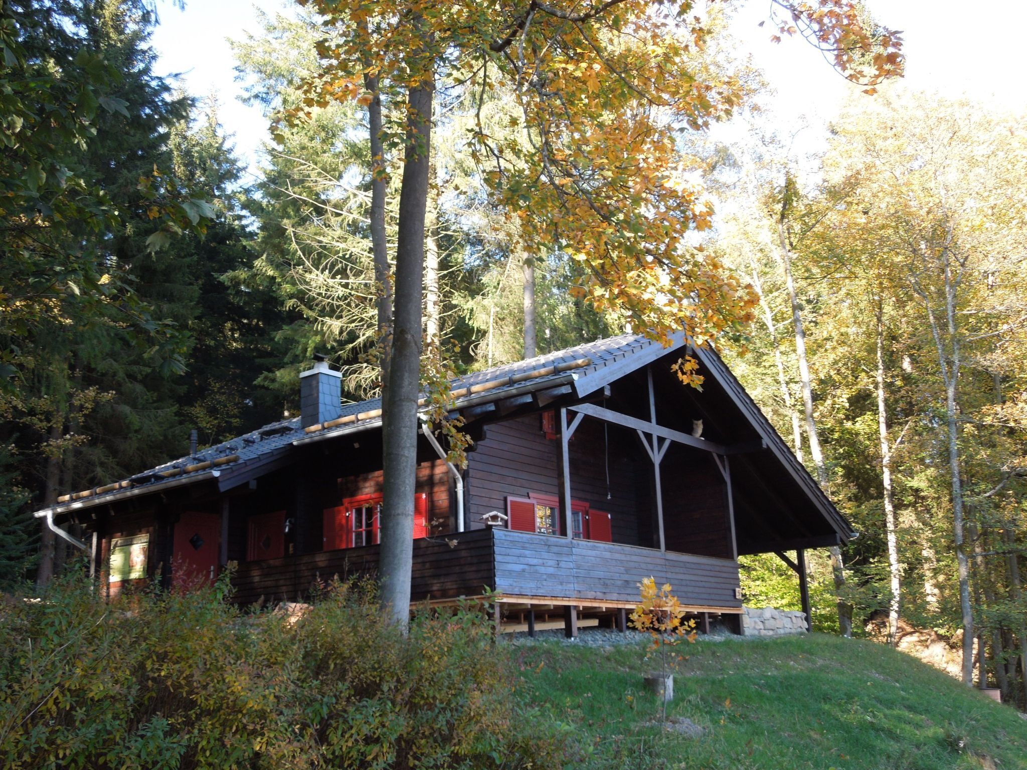 A cabin with a sloped roof, wooden exterior, and a porch.