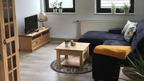 Una sala de estar con un sofá, una mesa de centro, un televisor sobre un mueble de madera y un radiador. Hay ventanas con cortinas y plantas en macetas en el alféizar.
