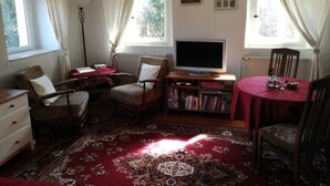 Un salon chaleureux avec un téléviseur, des livres, un tapis rouge et une table à manger.