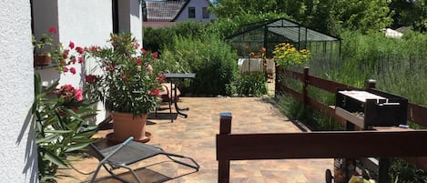 Un patio con un banco de madera, una silla de metal y una mesa. Se ven plantas en macetas y un invernadero al fondo.