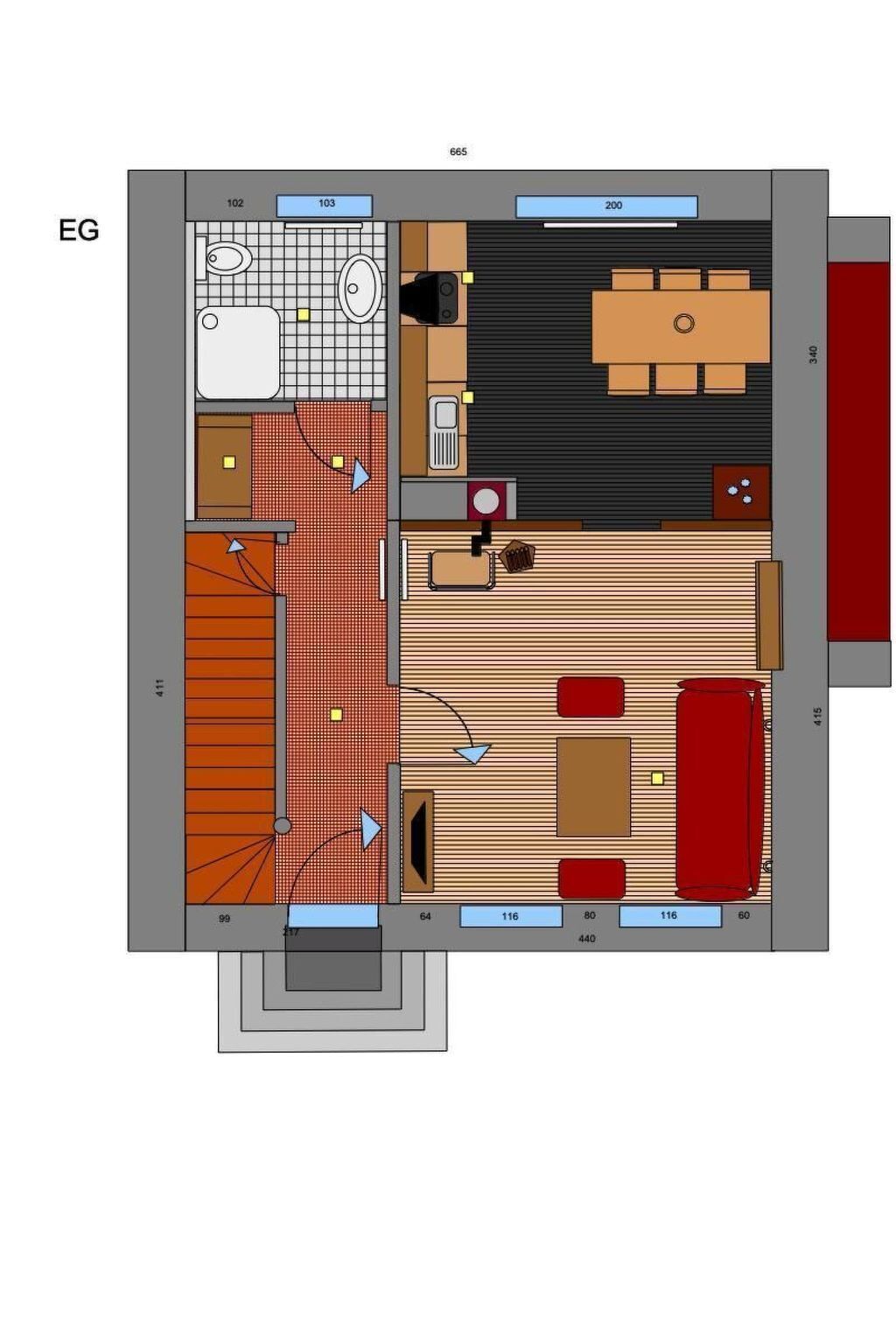 Disposição de quarto de hotel com banheiro, área de jantar, sala de estar e quarto.