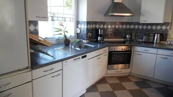 Fridge, oven, dishwasher, cookware/dishes/utensils