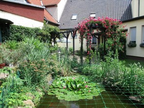 Un jardín con un estanque, diversas plantas y una pérgola adornada con flores.