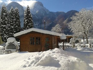 A wooden cabin with a snow-covered roof, surrounded by snow-covered trees and mountains in the background. - Bergidyll by Interhome (Obertraun)