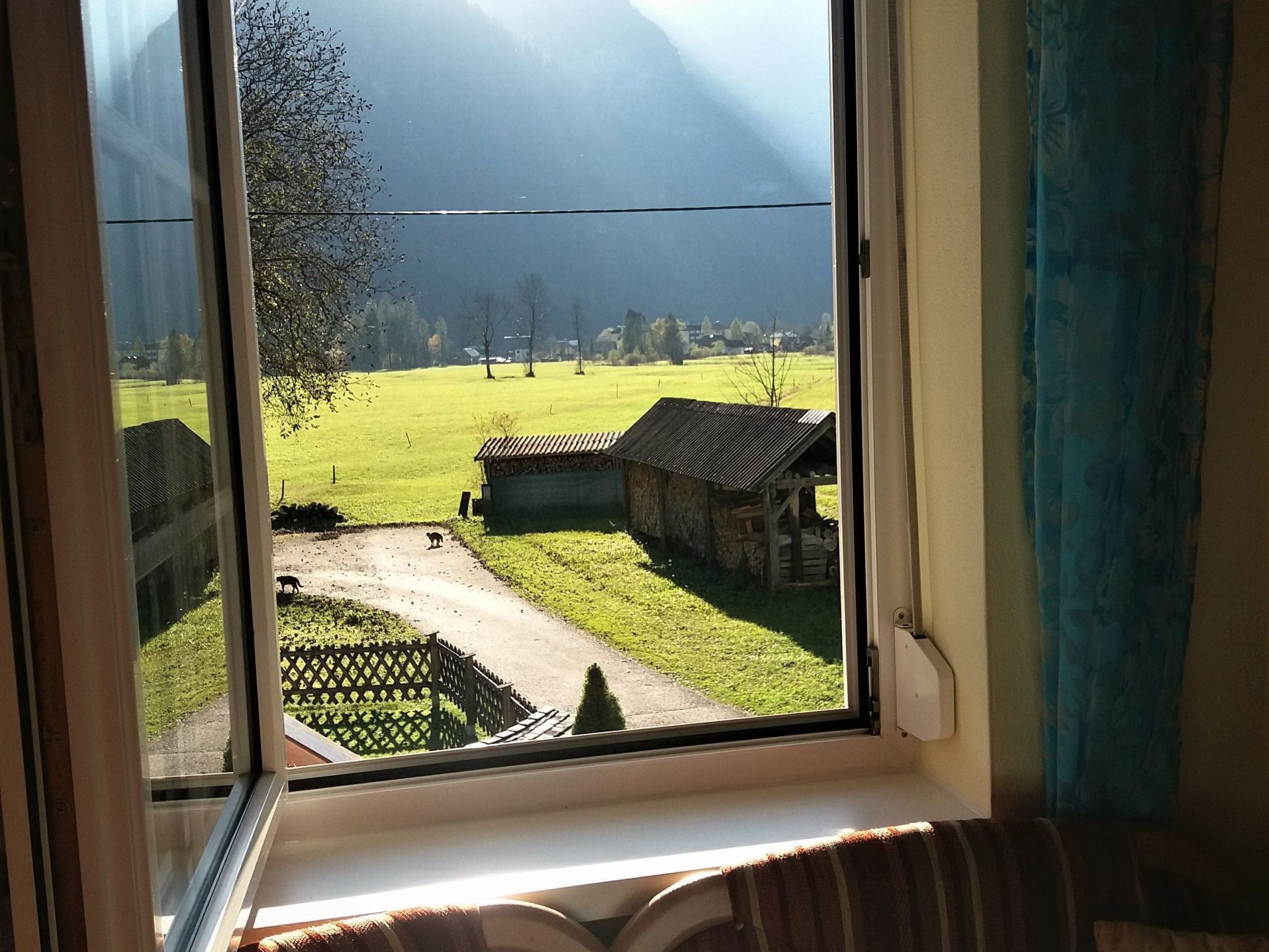 Blick aus einem Fenster auf eine ländliche Landschaft mit einem Feldweg, einer kleinen Holzhütte und einem Zaun.