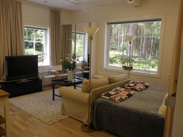 A modern living room with a flat-screen TV, sofa, coffee table, and a large window with a view of trees.