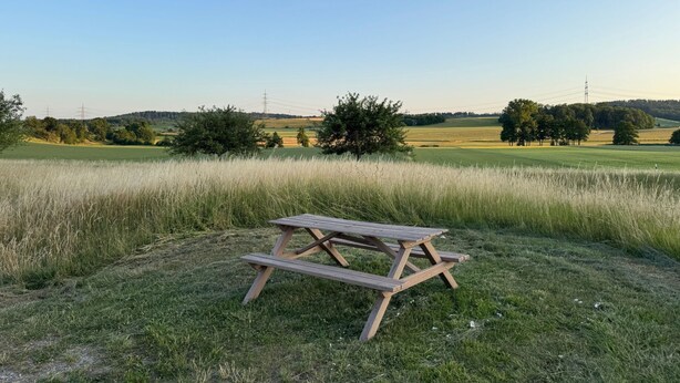 A picnic table in a grassy field with a clear sky and distant power lines. - Panorama 180° by Interhome (Kitzingen)