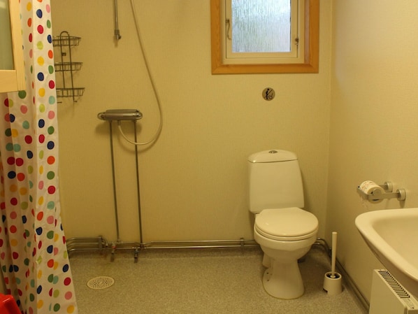 A small bathroom with a toilet, a bidet, a shower, and a window.