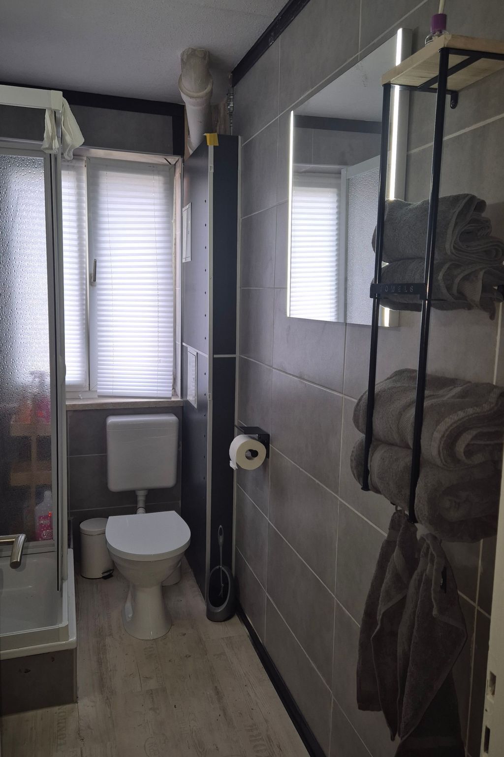 A bathroom with a toilet, a shower, and a towel rack.