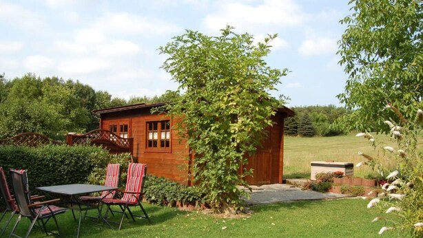 Une cabane en bois dotée d’un patio, entourée d’une pelouse bien entretenue et de diverses plantes.
