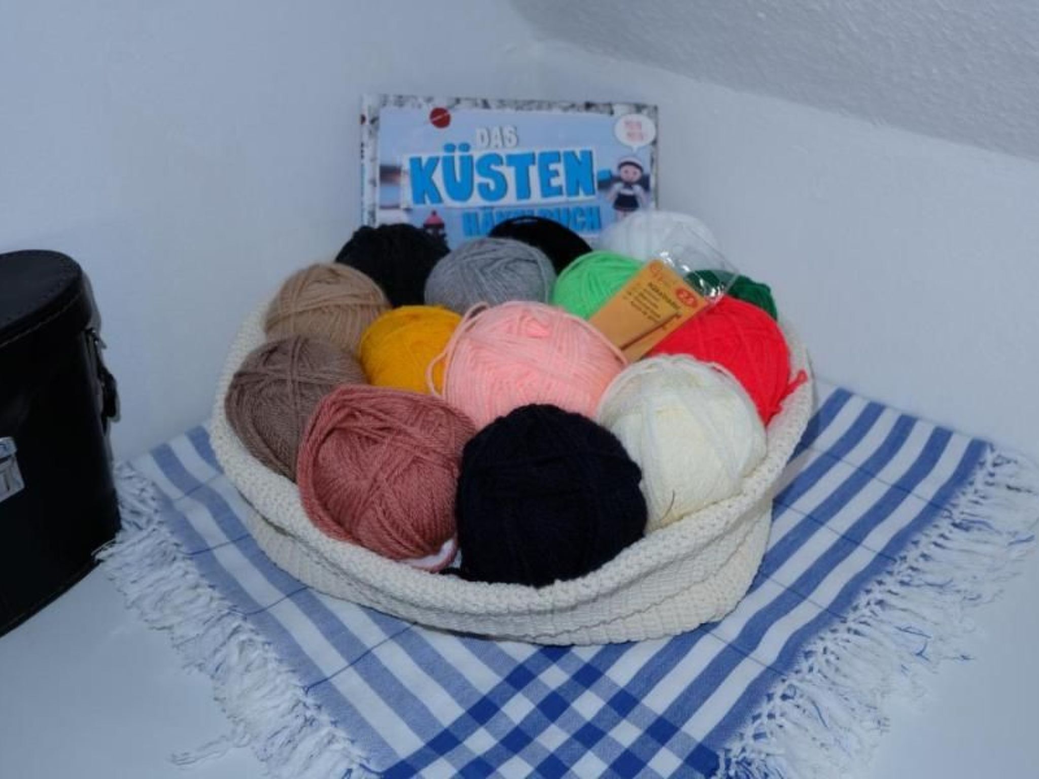 A basket of yarn balls on a checkered cloth.
