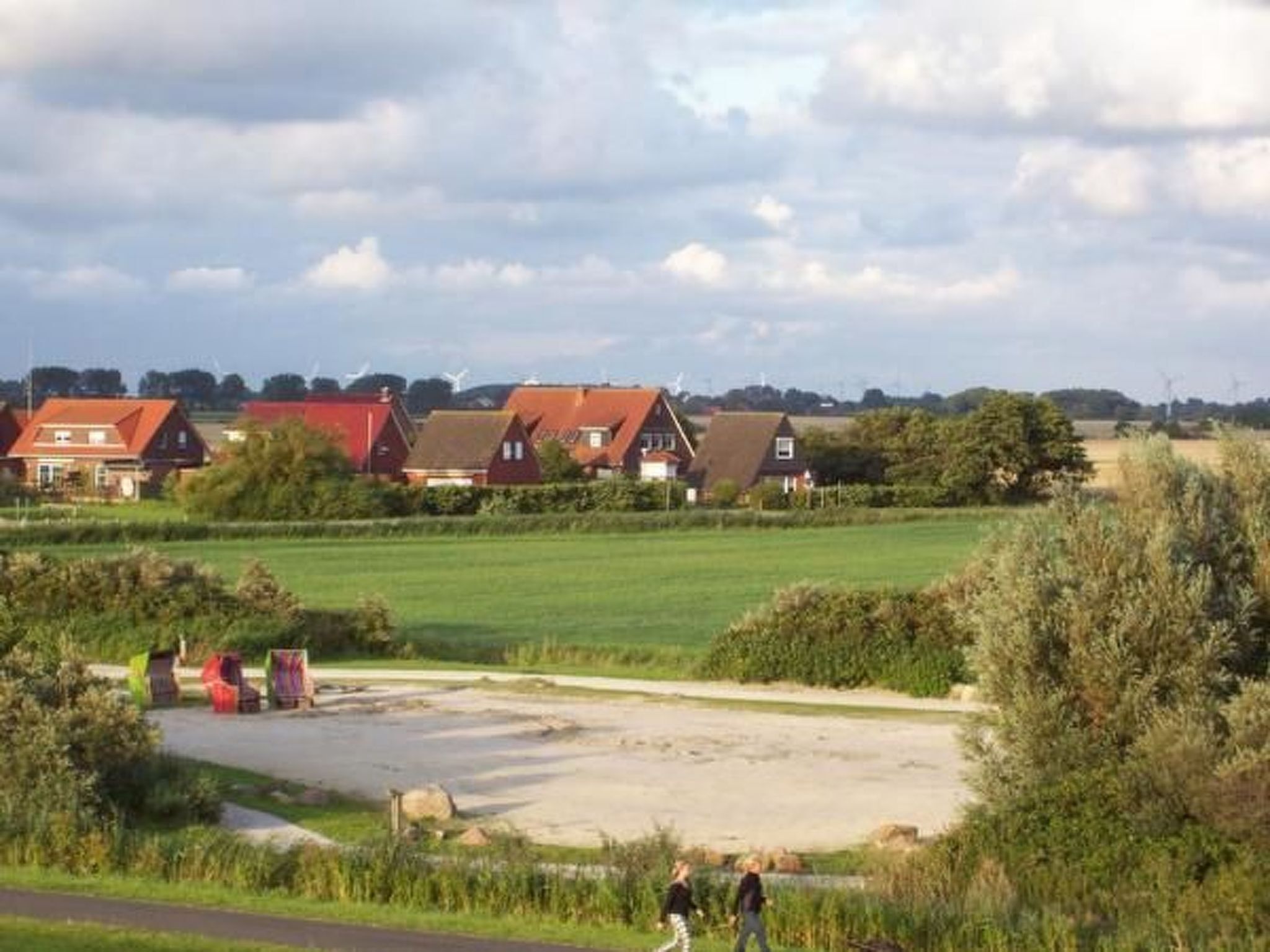 Un paysage rural avec des maisons, des champs à perte de vue et un chemin de terre.