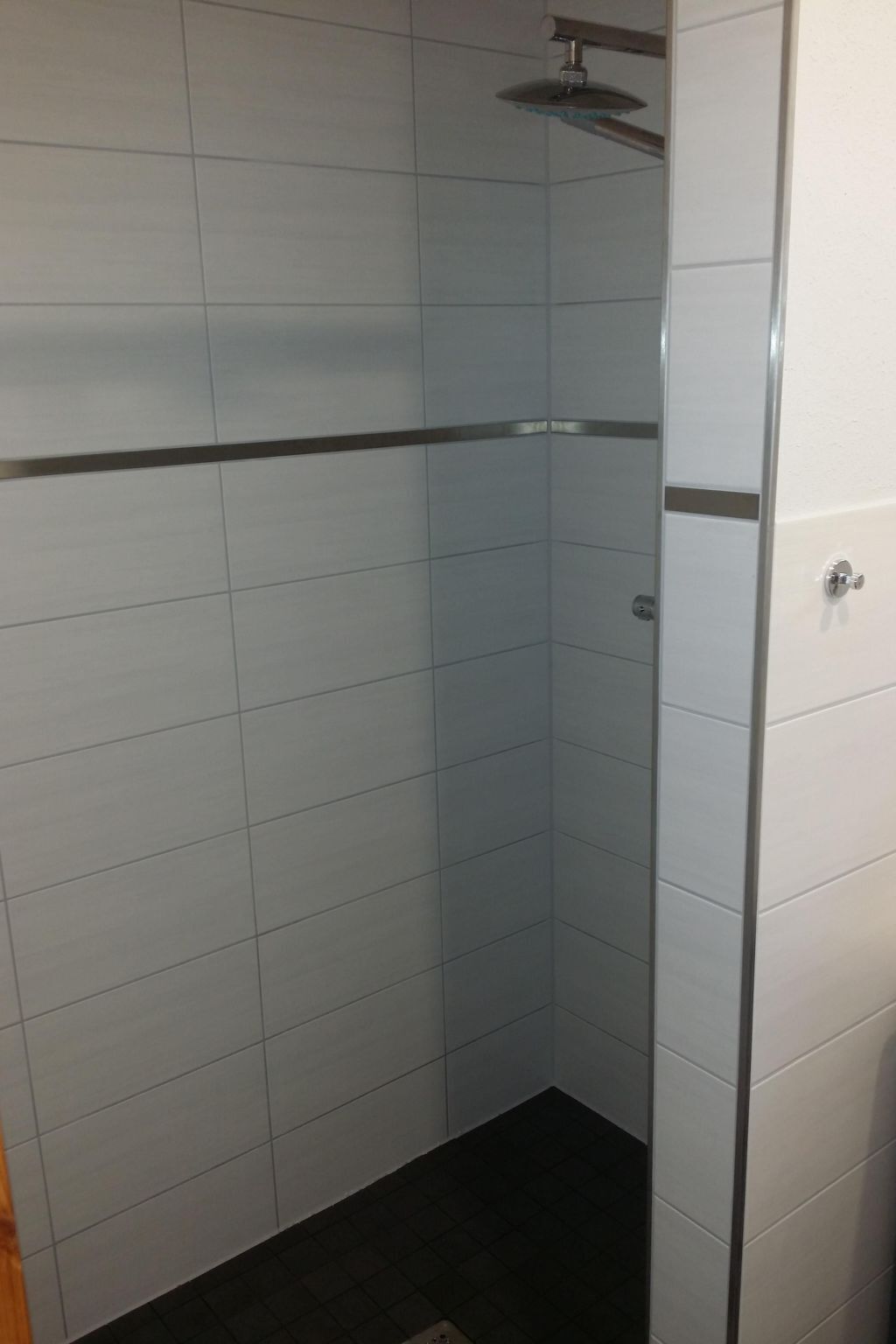 Un petit espace douche fermé, avec des carreaux blancs et une pomme de douche en métal.