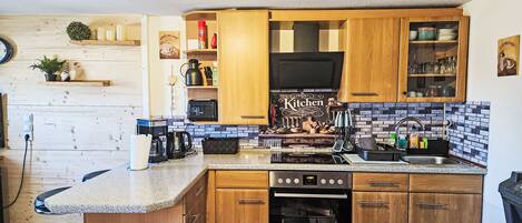 Fridge, microwave, oven, cookware/dishes/utensils
