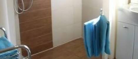 A bathroom with a shower, a sink, and a mirror.