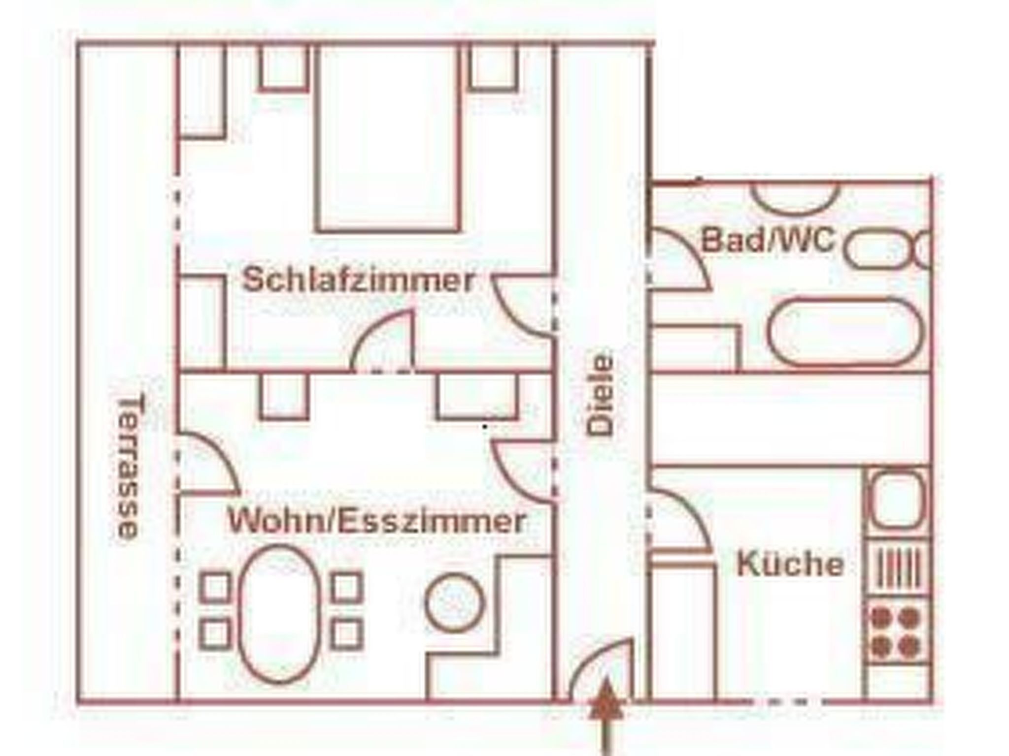 Plano de planta que muestra una sala de estar/habitación de invitados, un baño, una cocina y un baño con inodoro.