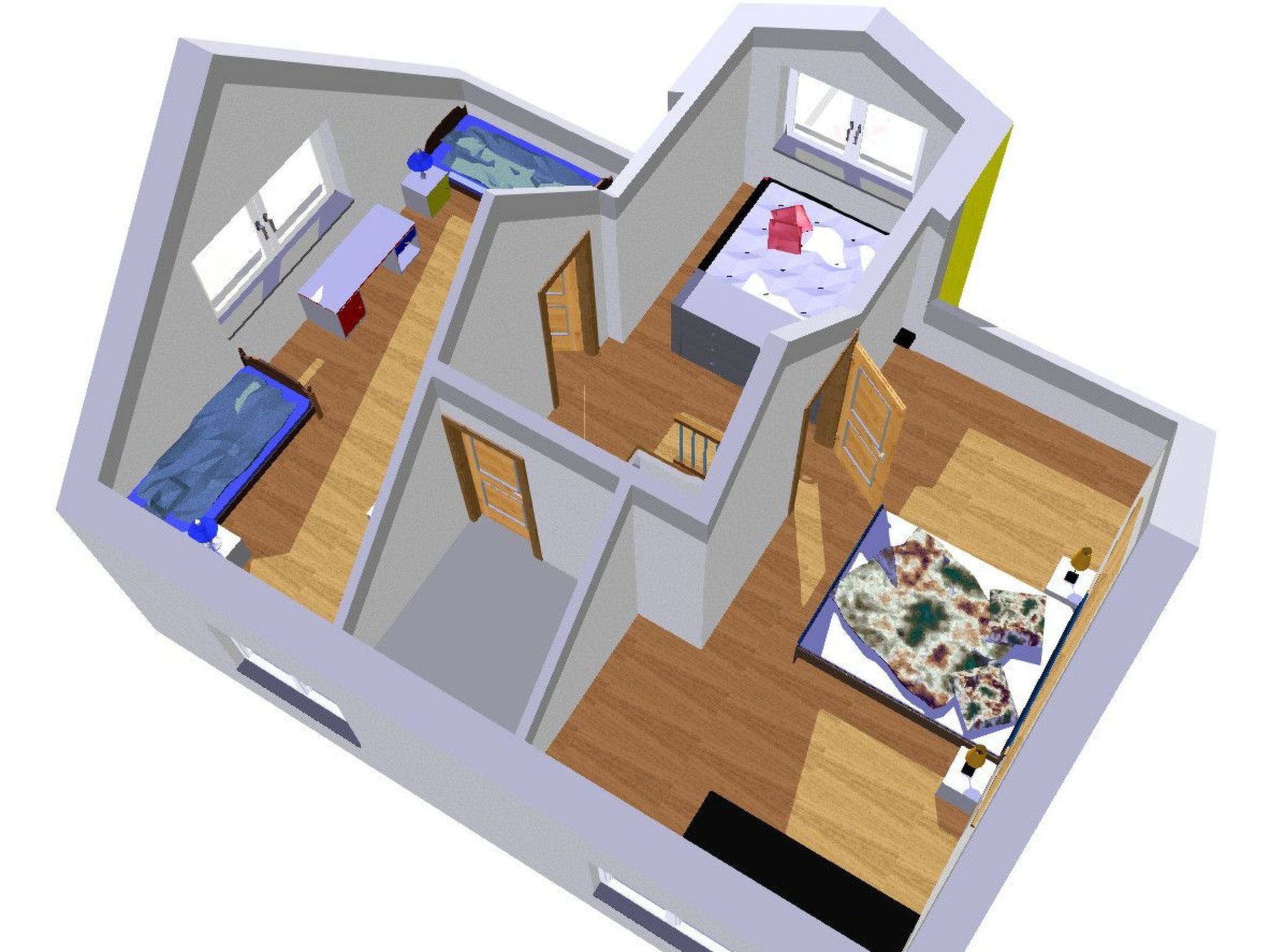 Pianta 3D di una camera d'albergo con un letto, una scrivania, una finestra e un bagno.