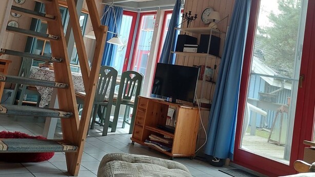 En rummelig stue med sovehems, fjernsyn og et stort vindue med udsigt over naturen.