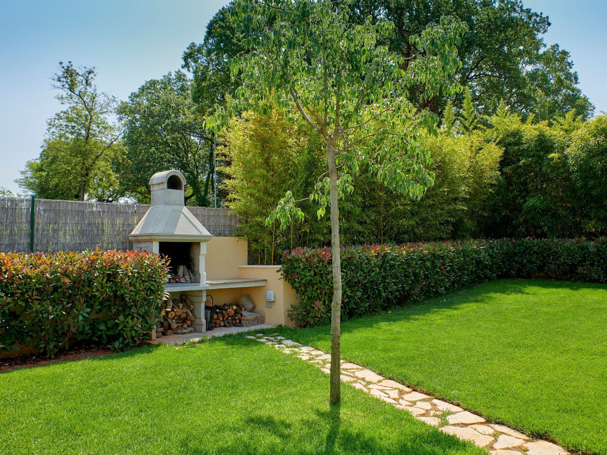A backyard with a barbecue area, a stone pathway, and a neatly trimmed lawn.