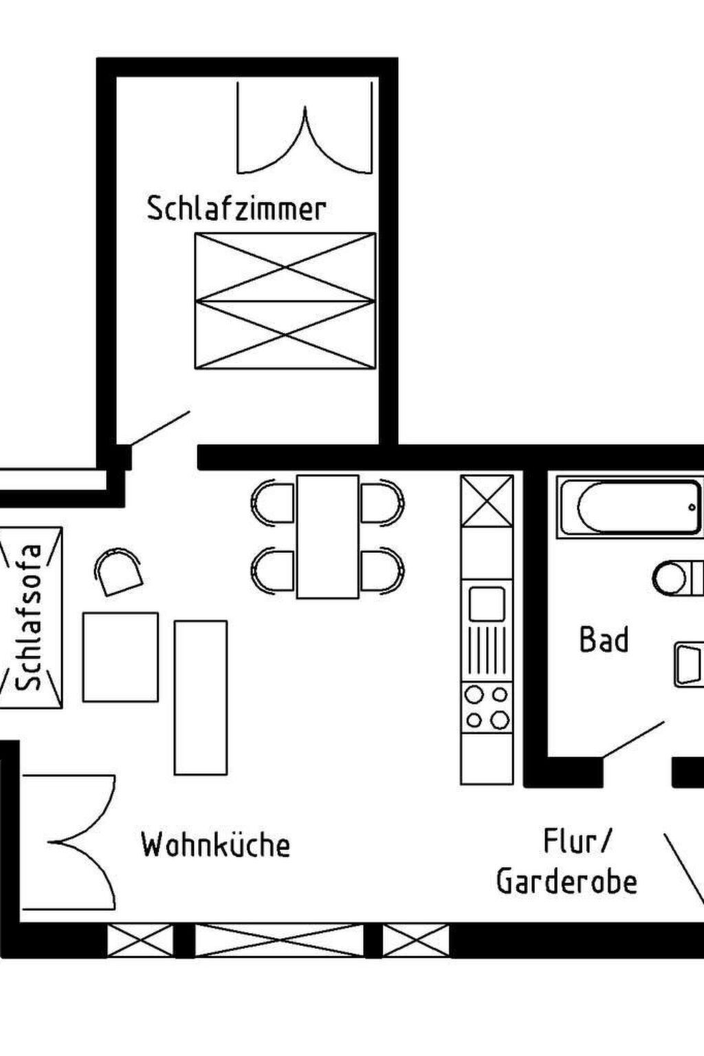 A hotel layout with a bedroom, bathroom, kitchen, and living room.