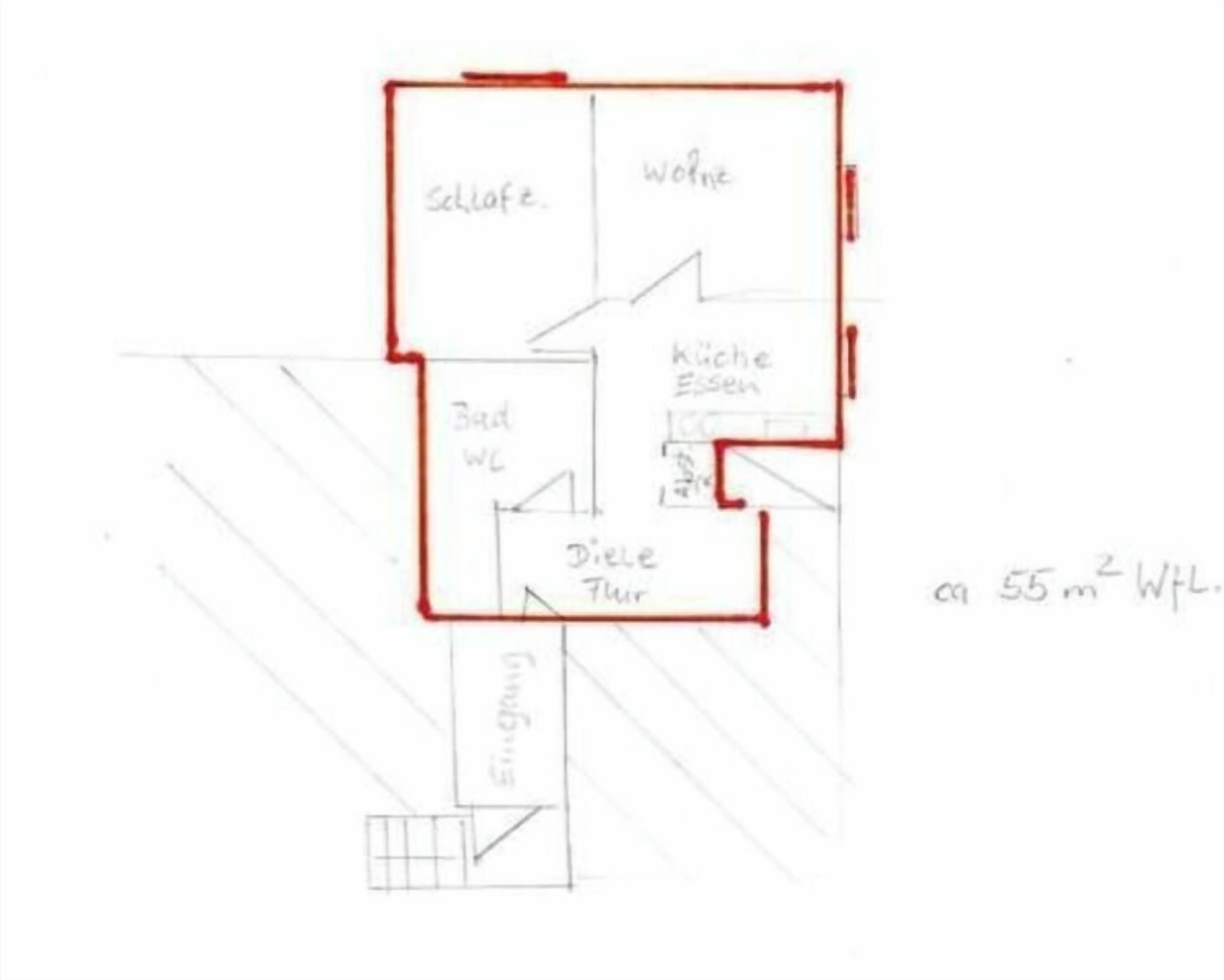 Grundriss mit beschrifteten Räumen: 'Sofa', 'Küche', 'Bad' und 'Essbereich'.