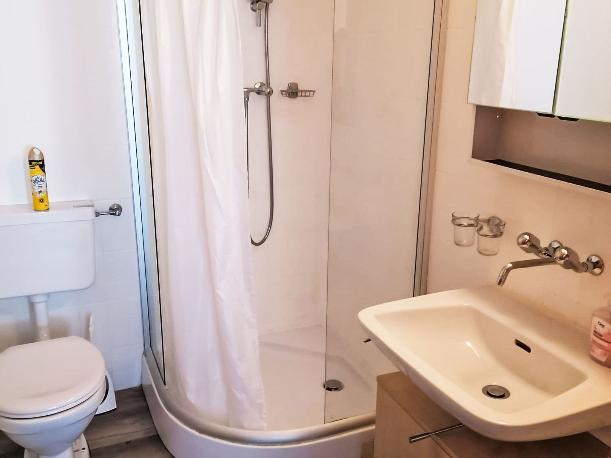 A bathroom with a toilet, a shower enclosure, and a sink with a mirror.