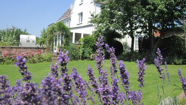 Una casa bianca con tetto di paglia, circondata da un giardino curato con fiori viola e un muro in mattoni.