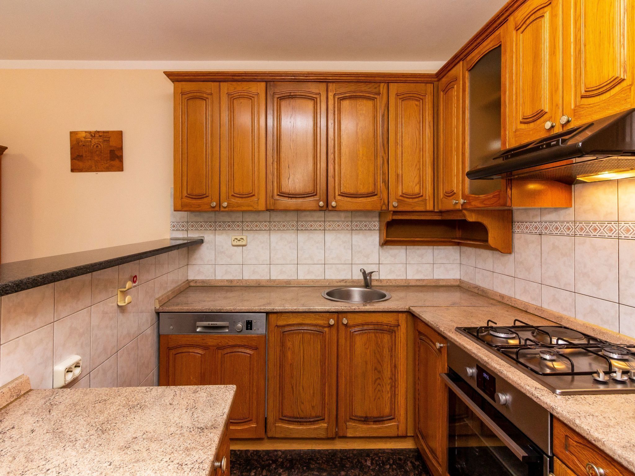 A kitchen with wooden cabinets, a stainless steel sink, a Bosch dishwasher, and a gas stove.