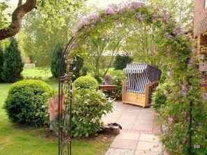 A garden with a wooden chair and a table under a pergola with purple flowers. - Toms Hütte in Bohmstedt by Interhome (Bohmstedt)