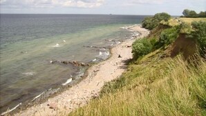 A coastal beach with clear waters, a rocky shoreline, and grassy areas. - Ostsee Perle by Interhome (Niendorf)