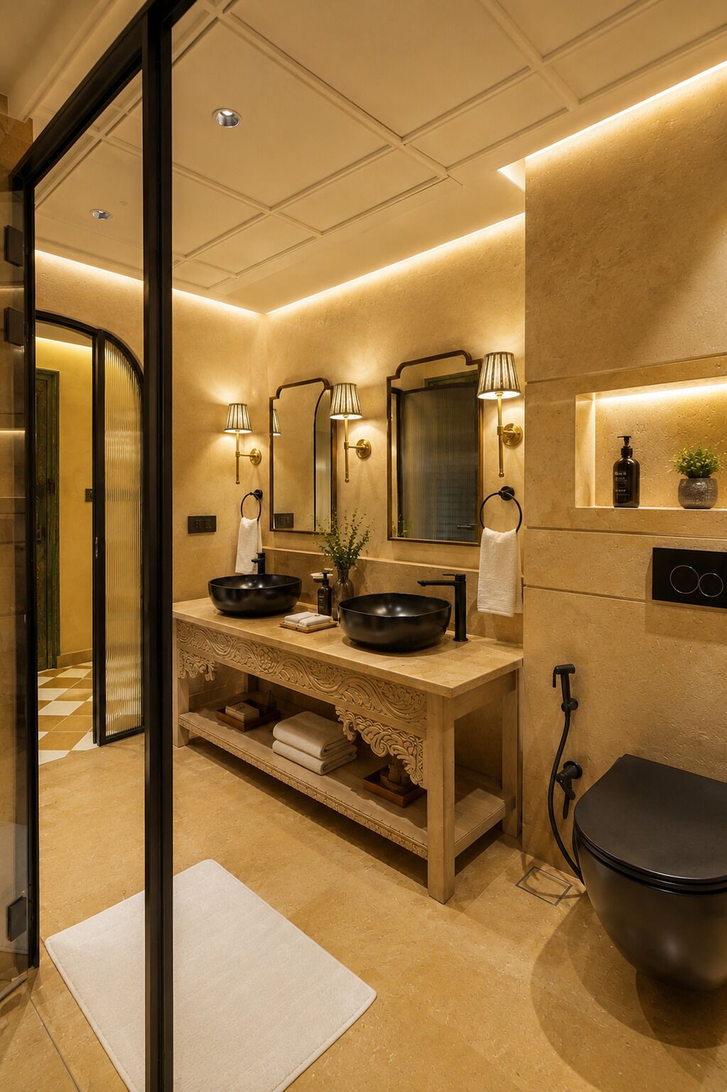 A modern bathroom with a large sink, two mirrors, a towel rack, a small shelf with toiletries, and a toilet.