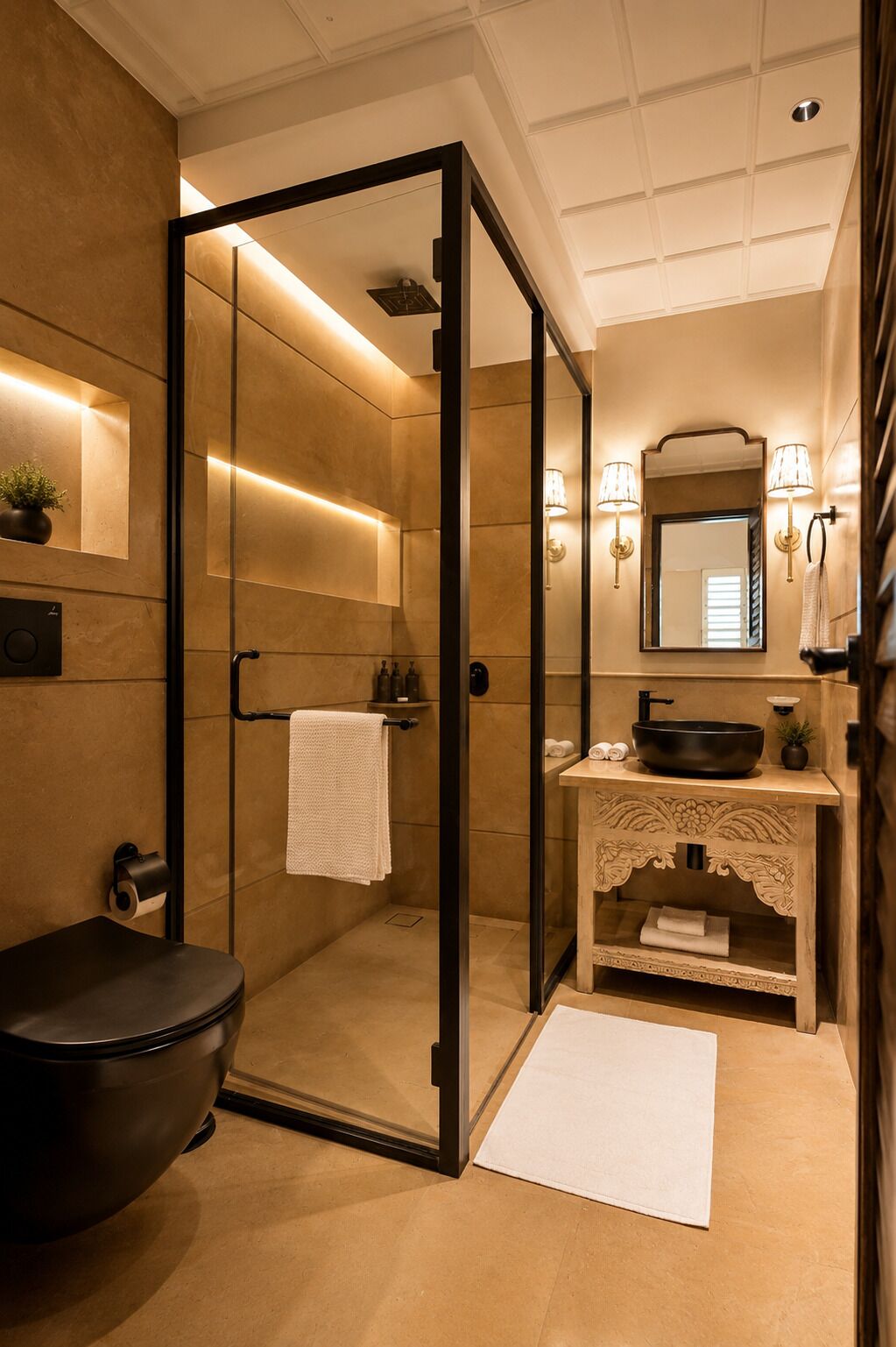 A modern bathroom with a glass-enclosed shower, a black bathtub, a wooden vanity with a sink, and a mirror.