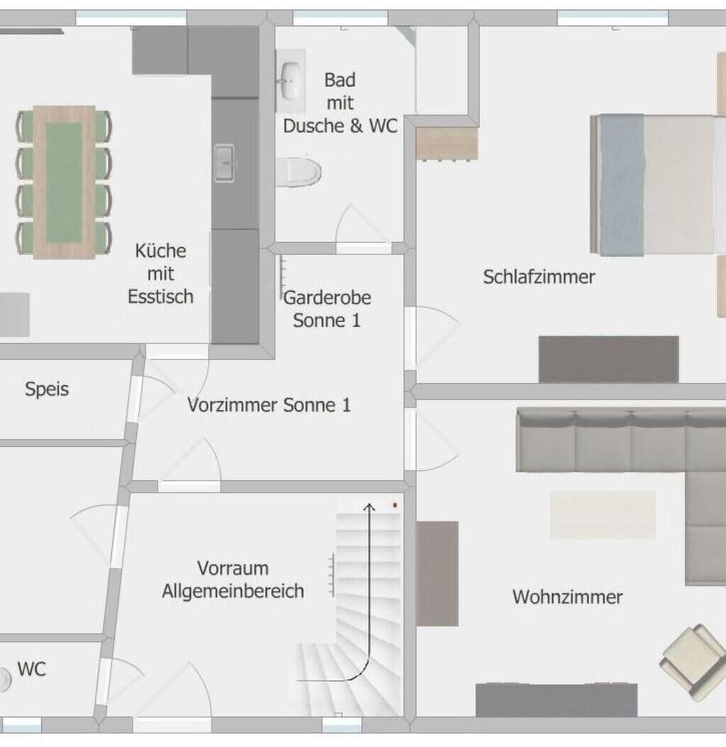 A hotel layout with a kitchen, dining area, two bedrooms, a bathroom, and a living room.