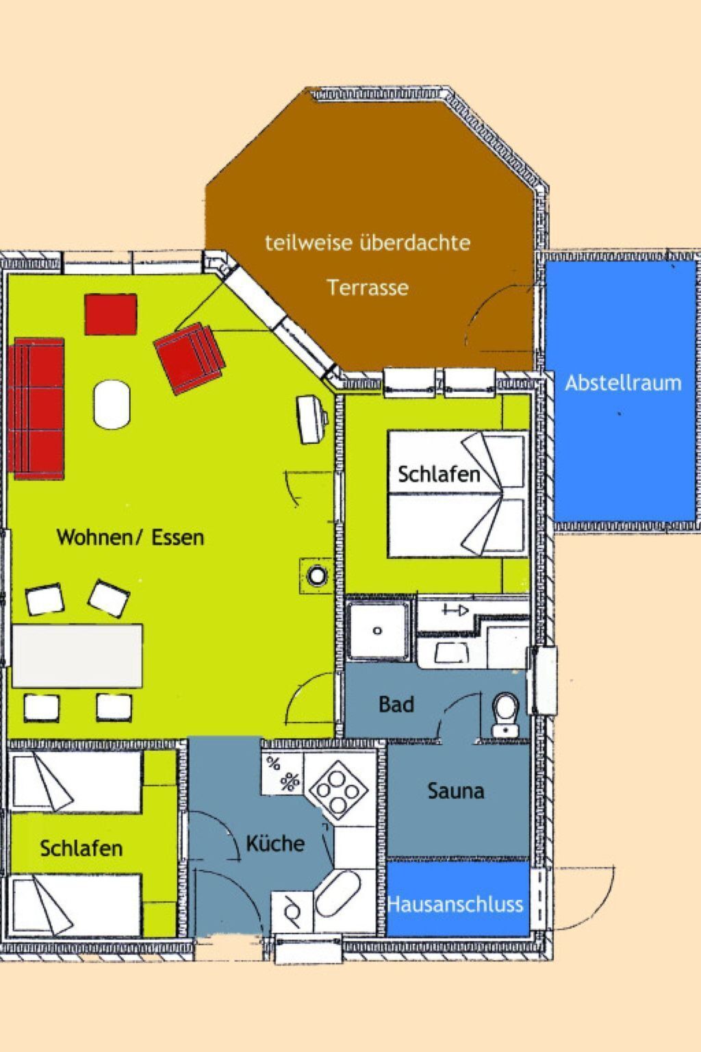 A floor plan of a hotel with labeled rooms including a terrace, living area, bedrooms, bathroom, kitchen, sauna, and a common area.