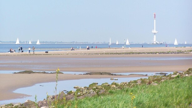 Een strand met een vuurtoren, zandstrand en zeilboten in de verte.