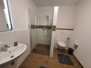 A modern bathroom with a glass-enclosed shower, a white sink, and a toilet. - Ferienapartment Aue by Interhome (Nottensdorf)
